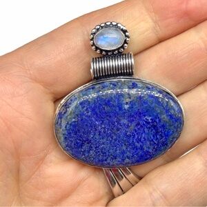 Lapis Lazuli & Rainbow Moonstone Necklace Pendant 925 Sterling Silver Overlay